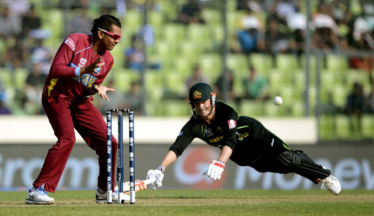 George Bailey makes his crease before Sunil Narine can run him out, Australia v West Indies, World T20, Group 2, Mirpur, March 28, 2014