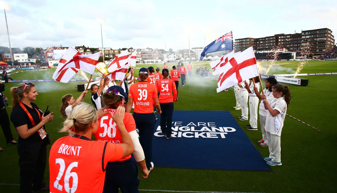 England players walk in, England v Australia, 2nd Women's T20, Hove, August 28, 2015