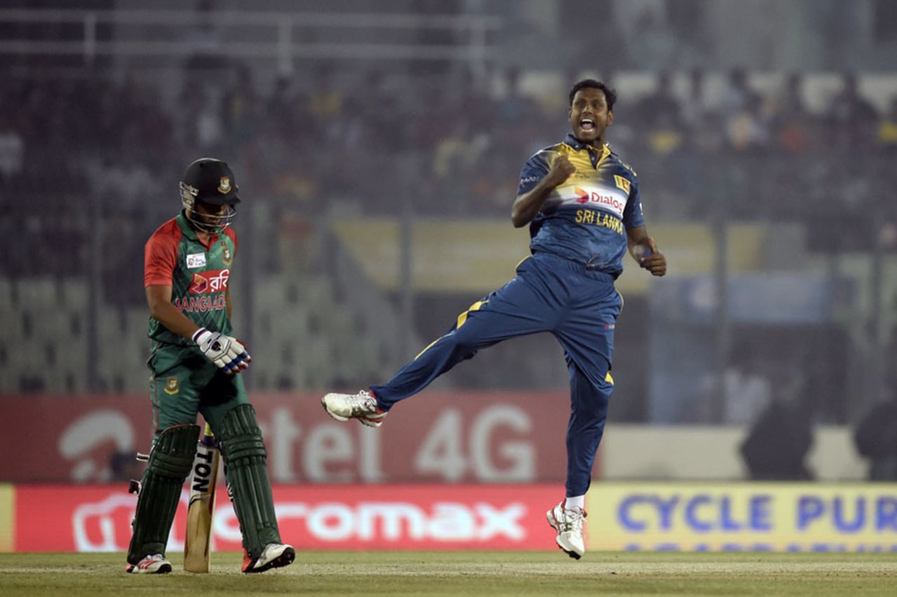 Angelo Mathews is delighted after an early wicket, Bangladesh v Sri Lanka, Asia Cup T20, Mirpur, February 28, 2016