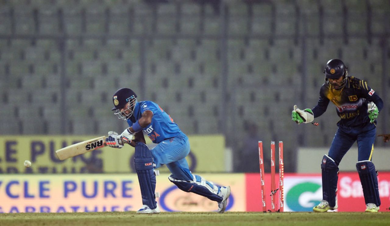 Hardik Pandya was cleaned up by Rangana Herath for 2, India v Sri Lanka, Asia Cup 2016, Mirpur, March 1, 2016