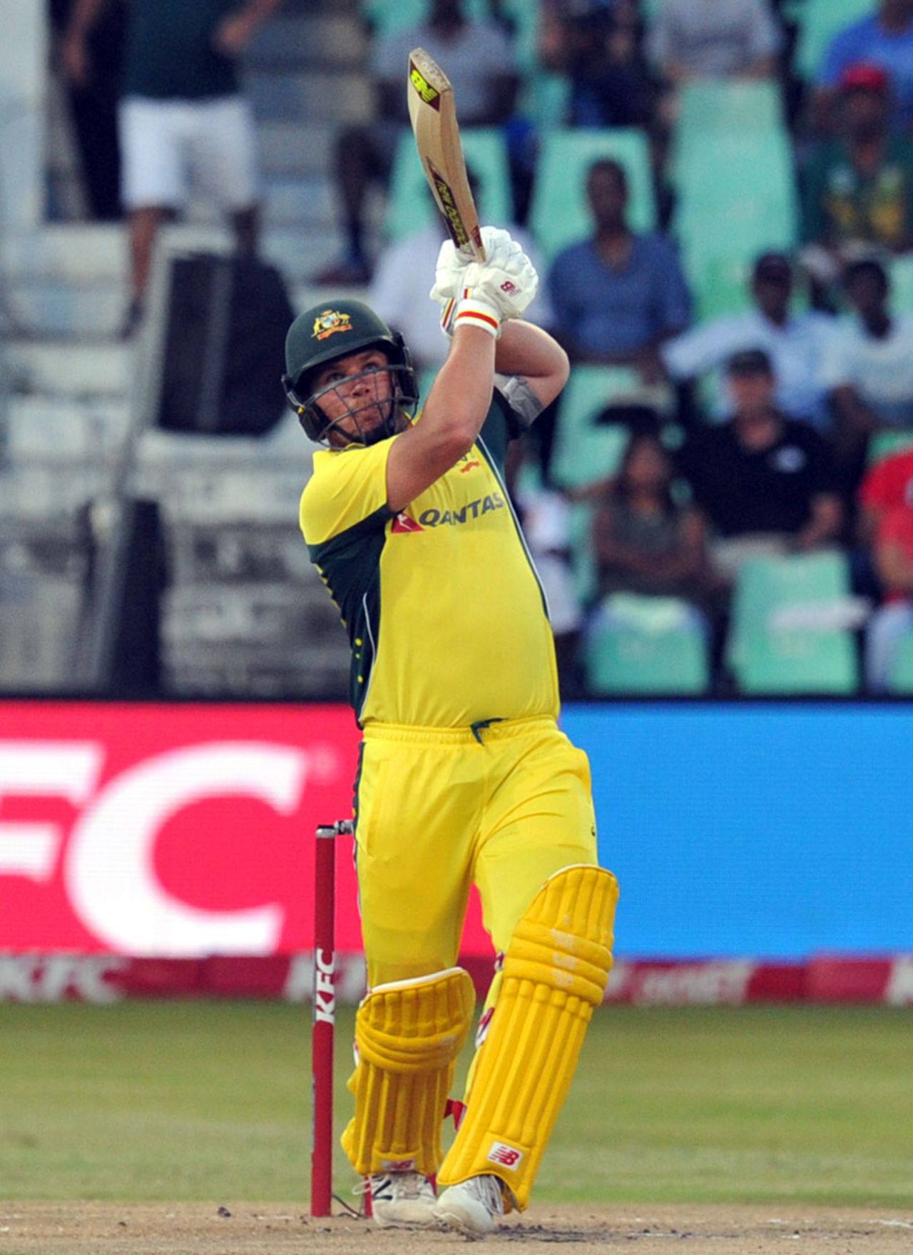 Aaron Finch hits down the ground during his 18-ball 40, South Africa v Australia, 1st T20, Durban, March 4, 2016