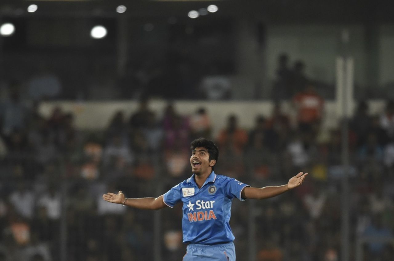 Jaspit Bumrah is delighted after dimissing Tamim Iqbal, Bangladesh v India, Asia Cup final, Mirpur, March 6, 2016