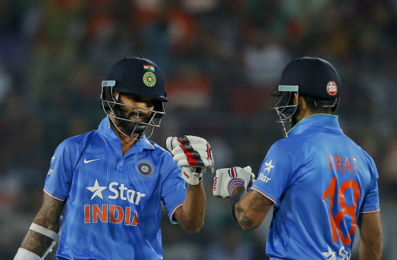 Shikhar Dhawan and Virat Kohli's second-wicket stand of 94 steered India in their chase of 121, Bangladesh v India, Asia Cup final, Mirpur, March 6, 2016 