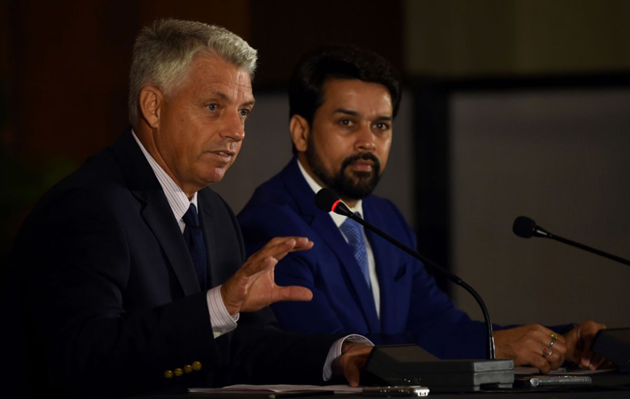 ICC chief executive David Richardson and BCCI secretary Anurag Thakur at a press conference in New Delhi on the eve of the first match of the World T20, March 7, 2016