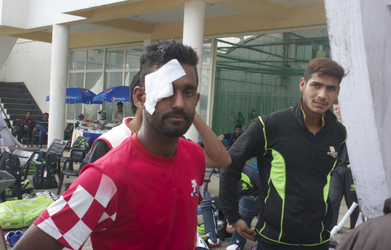 Mahesh Thakur, a net bowler, was hit above the eye by a ball struck back at him during Ireland's training session in Dharamsala, March 7, 2016