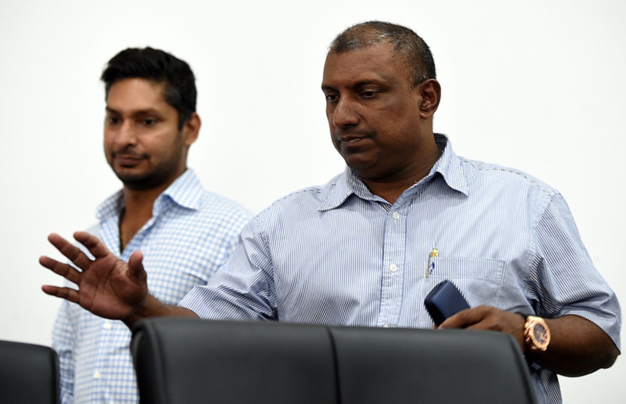 Aravinda de Silva and Kumar Sangakkara arrive at a press conference, Colombo, March 8, 2016