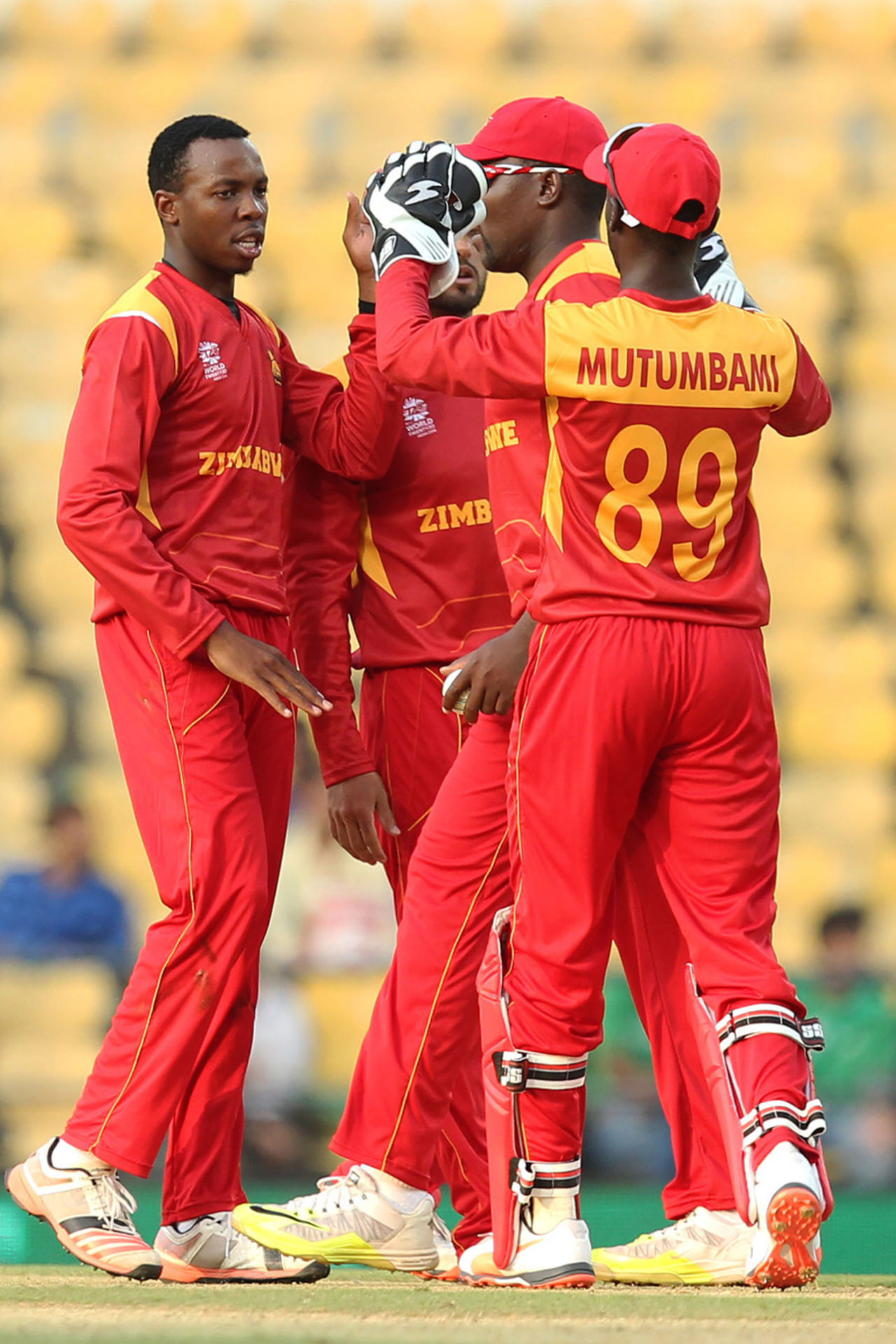 Wellington Masakadza celebrates a wicket with his team-mates, Hong Kong v Zimbabwe, WT20 qualifier, Group B, Nagpur