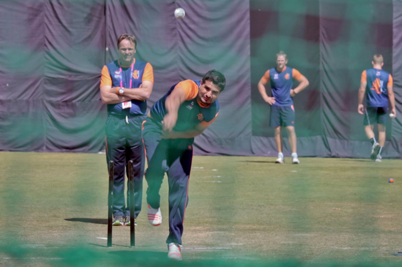 Mudassar Bukhari bowls during a practice session for Netherlands, Dharamsala, March 8, 2016