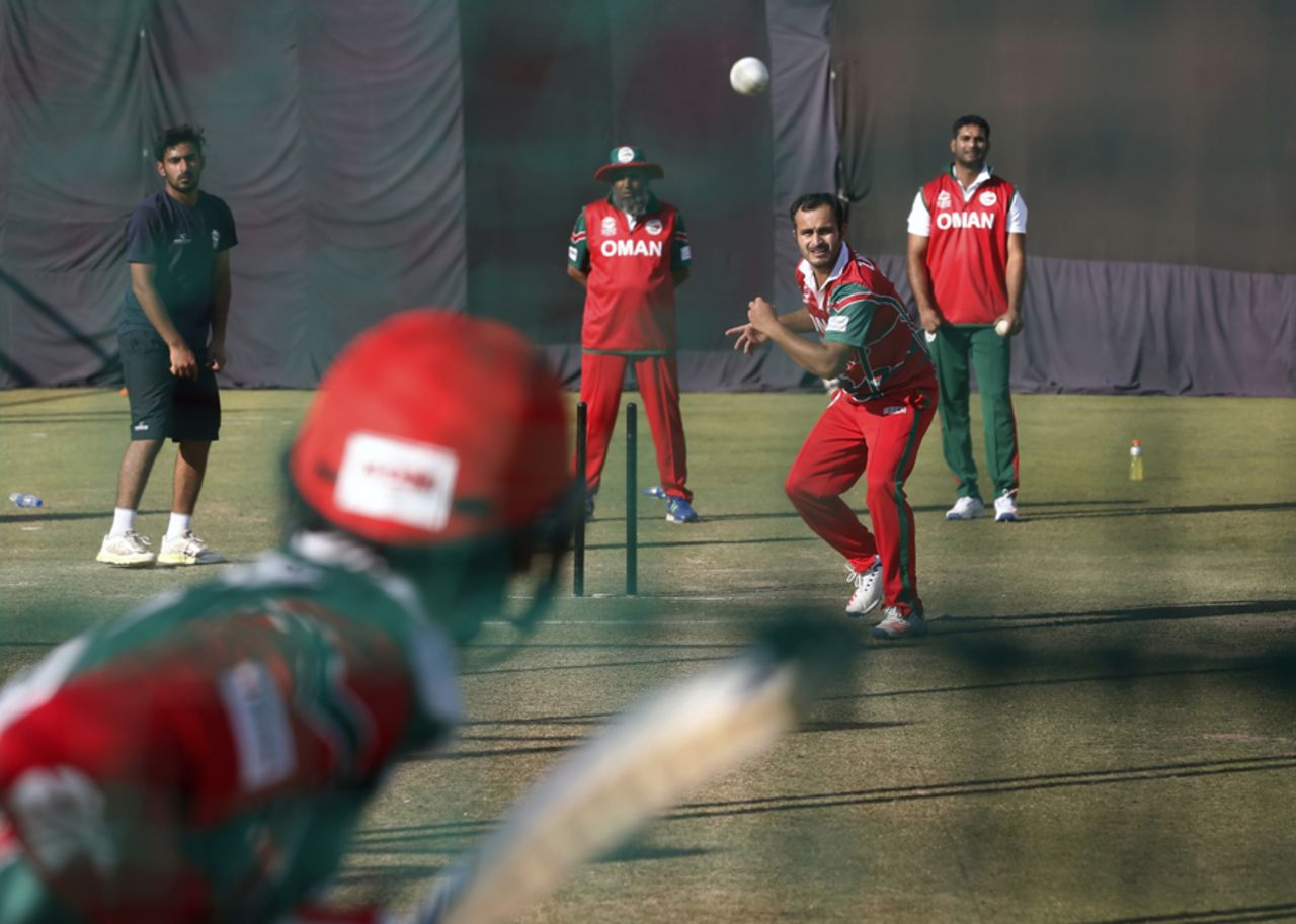 Oman's Zeeshan Maqsood lets one rip at a net session, Dharamsala, March 8, 2016