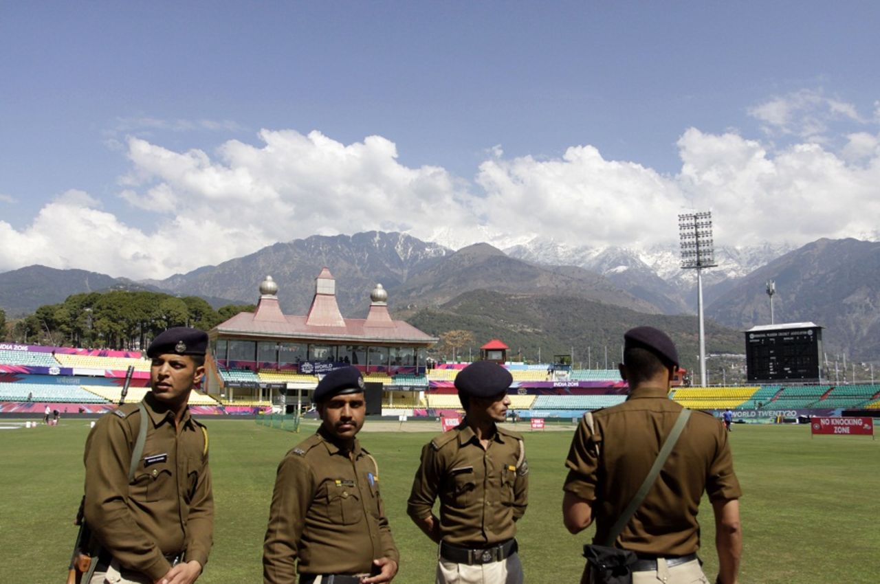 Security personnel inspect the ground ahead of the Bangladesh-Netherlands qualifier, Bangladesh v Netherlands, World T20 qualifier, Group A, Dharamsala, March 9, 2016