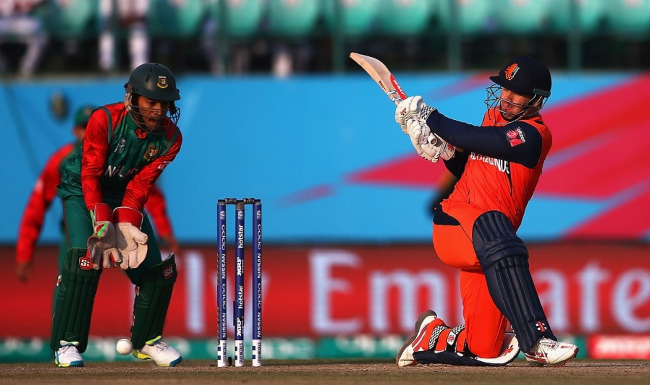 Stephan Myburgh sweeps the ball, Bangladesh v Netherlands, World T20 qualifier, Group A, Dharamsala, March 9, 2016