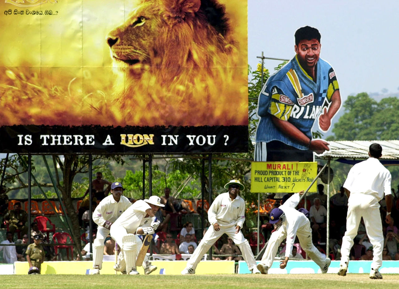Graham Thorpe bats in front of a backdrop of a Murali poster, Sri Lanka v England 2nd Test, Kandy, 2nd day, March 8, 2001