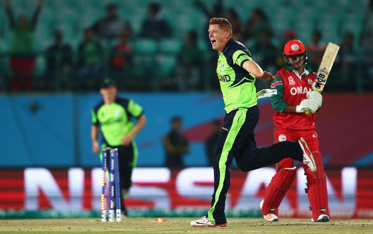 Kevin O'Brien celebrates the dismissal of Zeeshan Maqsood, Ireland v Oman, World T20 qualifier, Group A, Dharamsala, March 9, 2016