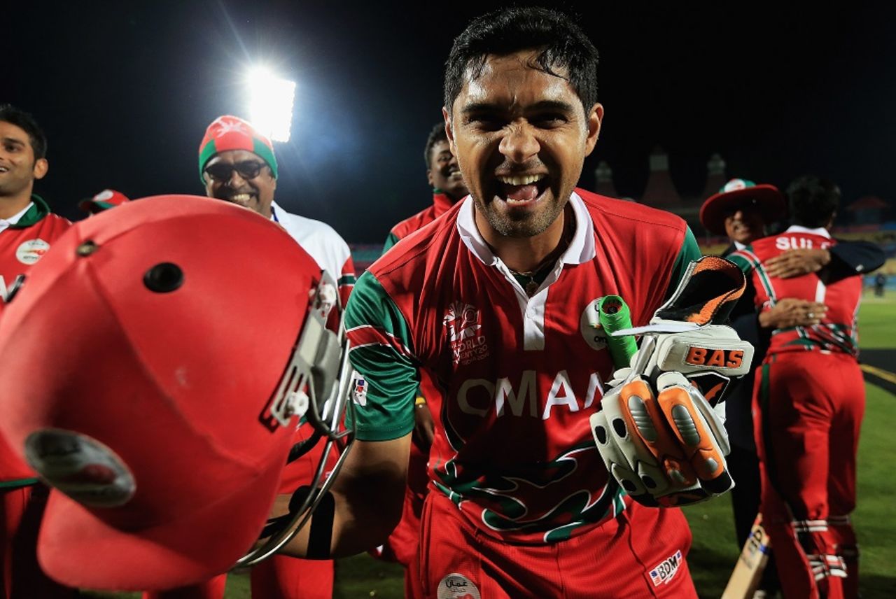 Ajay Lalcheta is ecstatic as he celebrates Oman's two-wicket win over Ireland, Ireland v Oman, World T20 qualifier, Group A, Dharamsala, March 9, 2016