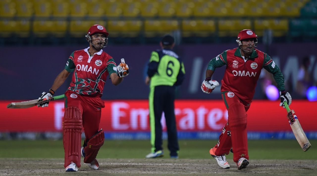 Ajay Lalcheta and Munis Ansari celebrate Oman's two-wicket win over Ireland, Ireland v Oman, World T20 qualifier, Group A, Dharamsala, March 9, 2016