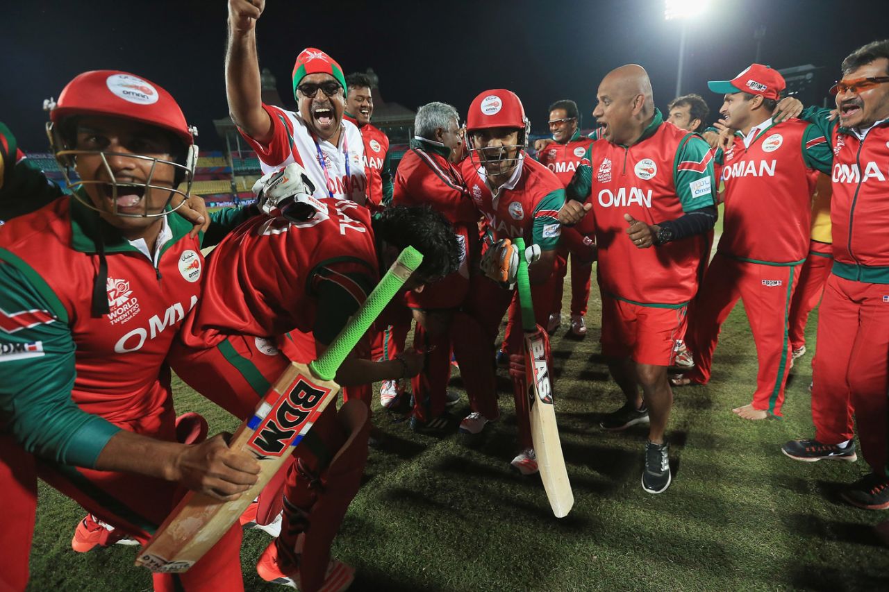Oman players celebrate their win over Ireland, Ireland v Oman, World T20 qualifier, Group A, Dharamsala, March 9, 2016
