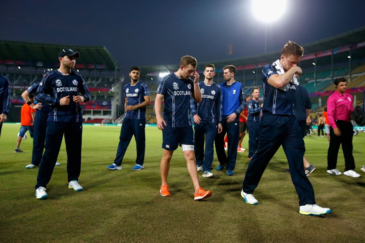 The Scotland players were left dejected after the loss, Scotland v Zimbabwe, Group B, World T20, Nagpur, March 10, 2016