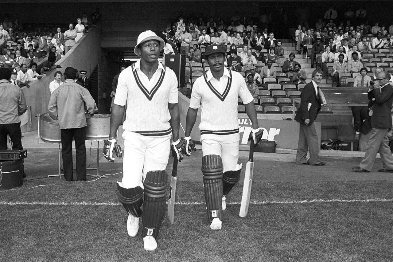 Desmond Haynes and Gordon Greenidge walk out to bat at Stamford Bridge, London, August 14, 1980