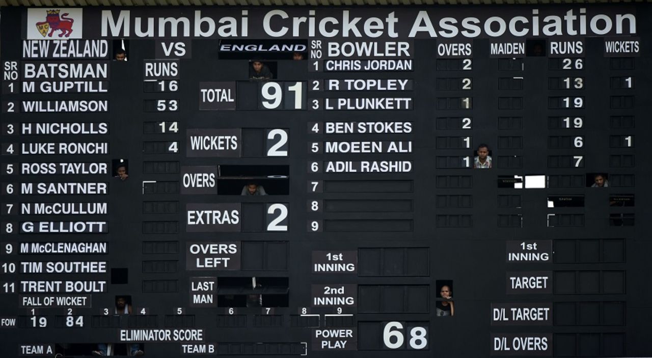 Scorers catch a glimpse of the action through the empty spaces of the scoreboard, New Zealand v England, World T20 Warm-ups, Mumbai, March 12, 2016