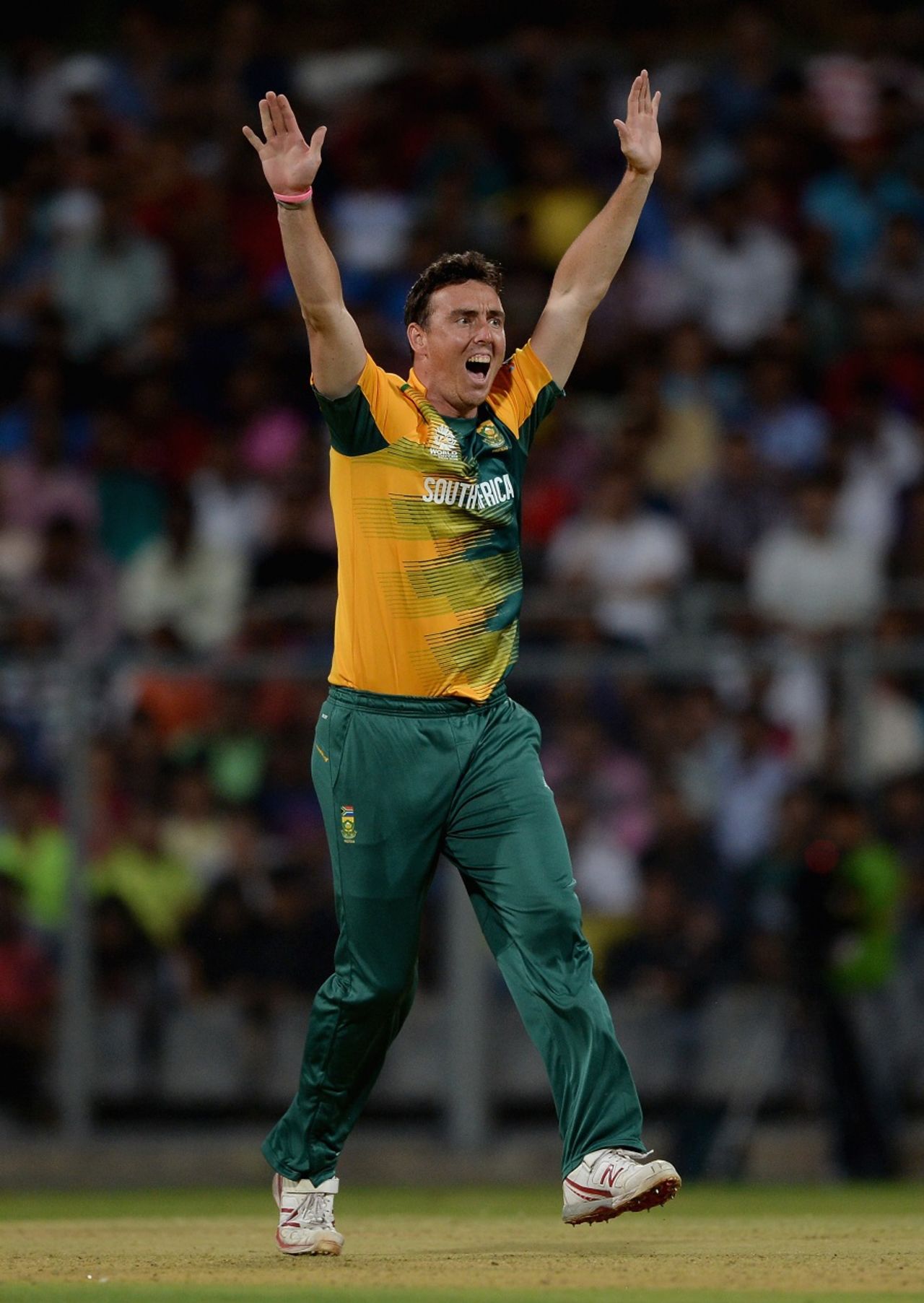 Kyle Abbott goes up in an appeal, India v South Africa, World T20 warm-ups, Mumbai, March 12, 2016
