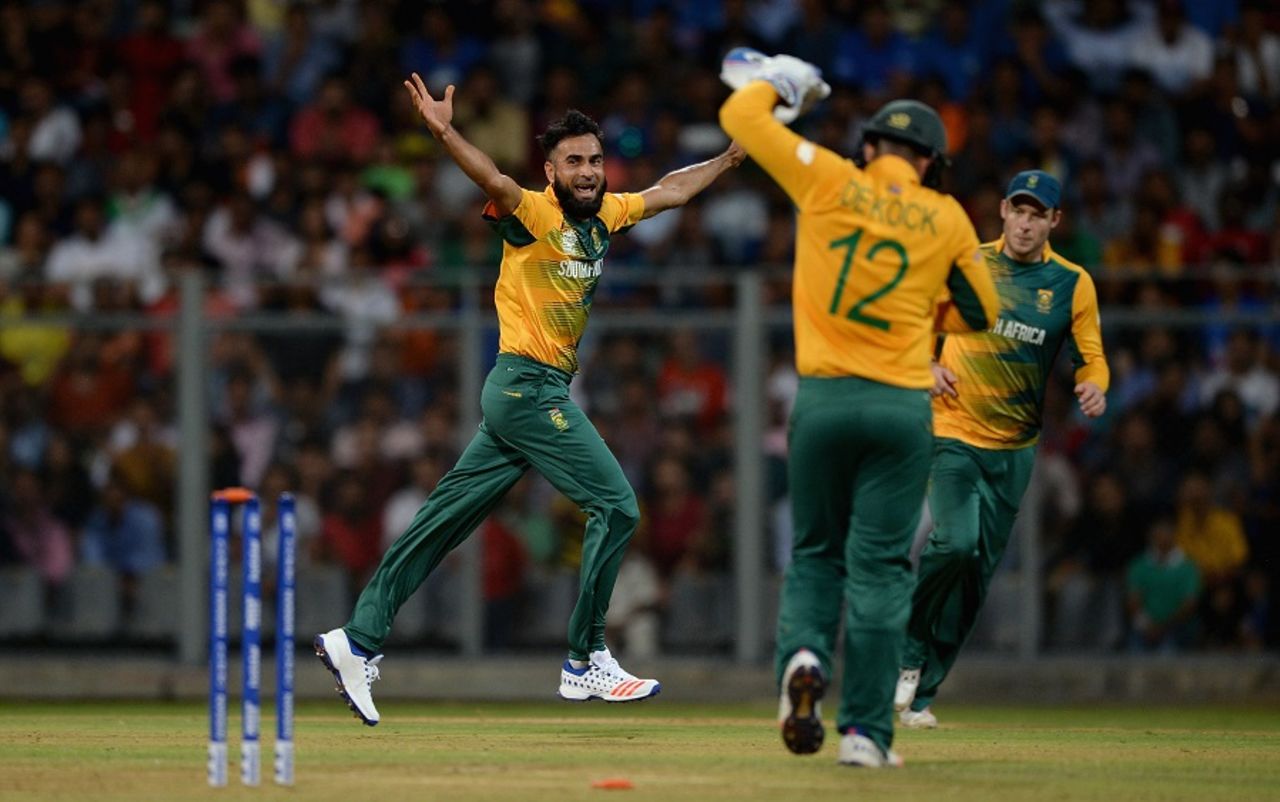 Imran Tahir is ecstatic after a breakthrough, India v South Africa, World T20 warm-ups, Mumbai, March 12, 2016