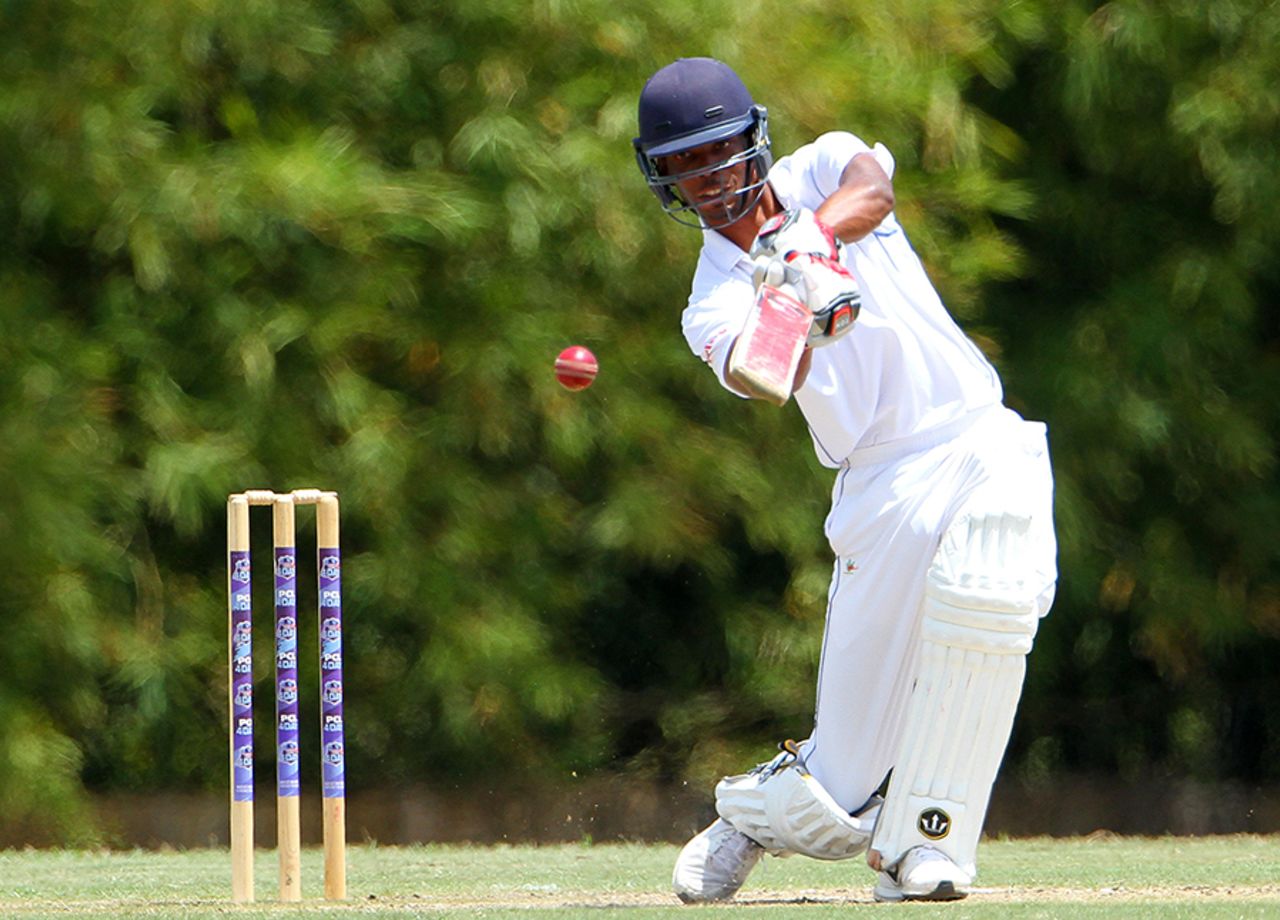 Roston Chase plays a drive during his knock of 59, Trinidad & Tobago v Barbados, Regional 4-day Tournament, 2nd day, Trinidad, March 12, 2016