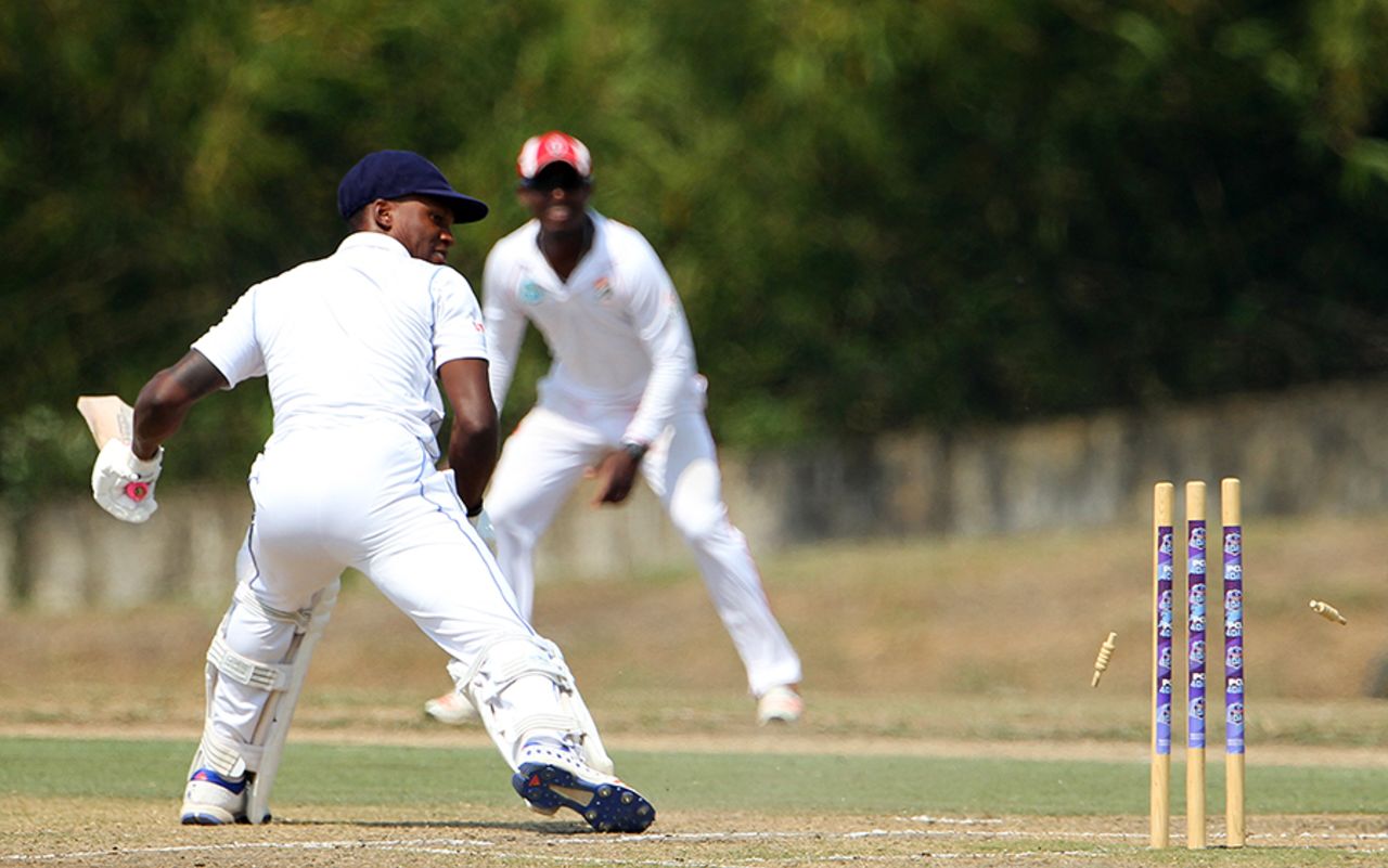 Kevin Stoute was bowled by Yannick Ottley for 66, Trinidad & Tobago v Barbados, Regional 4-day Tournament, 2nd day, Trinidad, March 12, 2016
