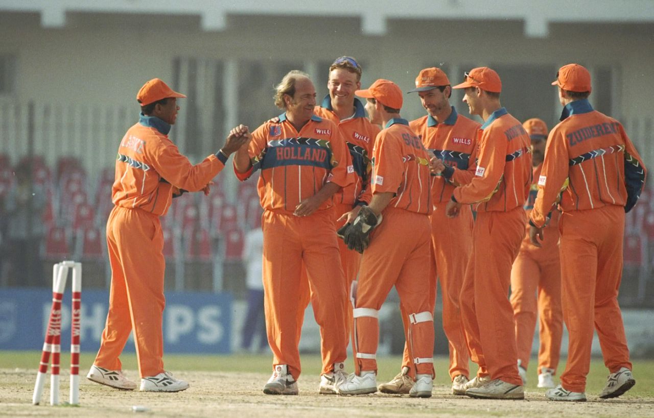 Nolan Clarke congratulates Jan Bakker for his wicket of Alec Stewart, England v Netherlands, Group B, World Cup, Peshawar, February 22, 1996