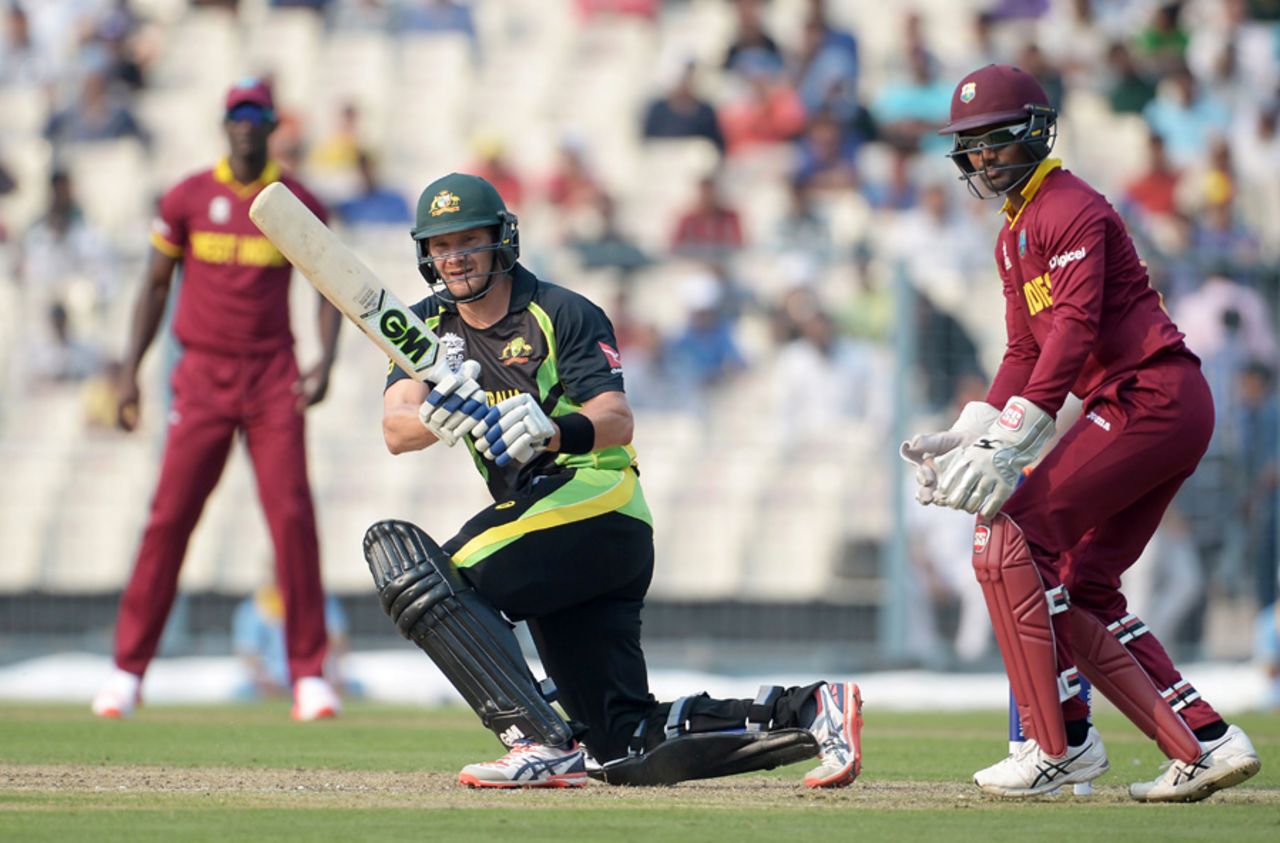 Shane Watson plays one to the leg side, Australia v West Indies, World T20 warm-ups, Kolkata, March 13, 2016