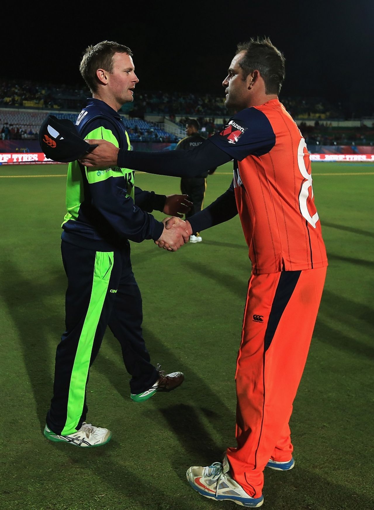 Peter Borren and William Porterfield shake hands after the match, Ireland v Netherlands, World T20 qualifiers, Group A, Dharamsala, March 13, 2016