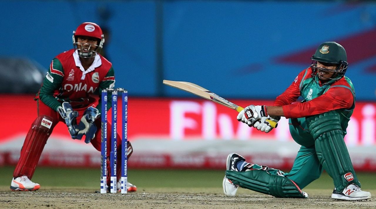 Soumya Sarkar sweeps the ball, Bangladesh v Oman, World T20 qualifiers, Group A, Dharamsala, March 13, 2016