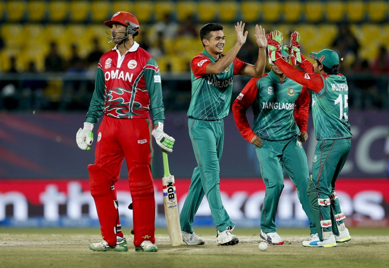 Taskin Ahmed rejoices after dismissing Zeeshan Maqsood, Bangladesh v Oman, World T20 qualifiers, Group A, Dharamsala, March 13, 2016