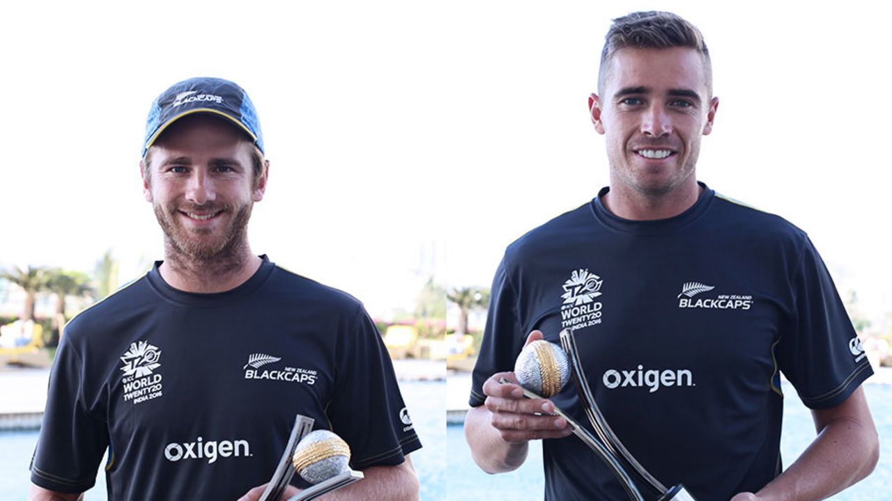 Composite: Kane Williamson and Tim Southee hold their ESPNcricinfo Awards trophies, March 2016