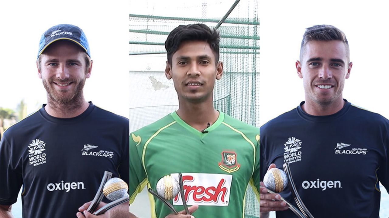 Composite: Kane Williamson, Mustafizur Rahman and Tim Southee hold their ESPNcricinfo Awards trophies, March 2016