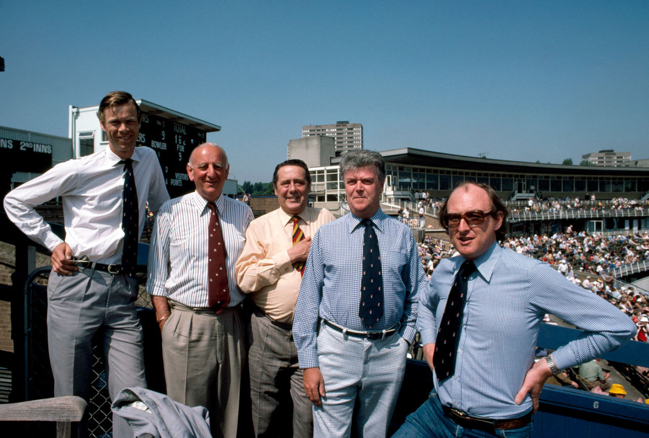 The Test Match Special commentary team (from left): Christopher Martin-Jenkins, Brian Johnston, Trevor Bailey, Don Mosey and Henry Blofeld, England v Pakistan, 1st Test, Headingley, 2nd day, June 2, 1978