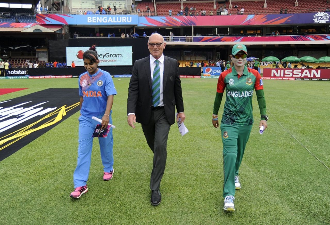 Captains Mithali Raj and Jahanara Alam walk out for the toss with match referee Jeff Crowe, India v Bangladesh, Women's World T20, Group B, Bangalore, March 15, 2016