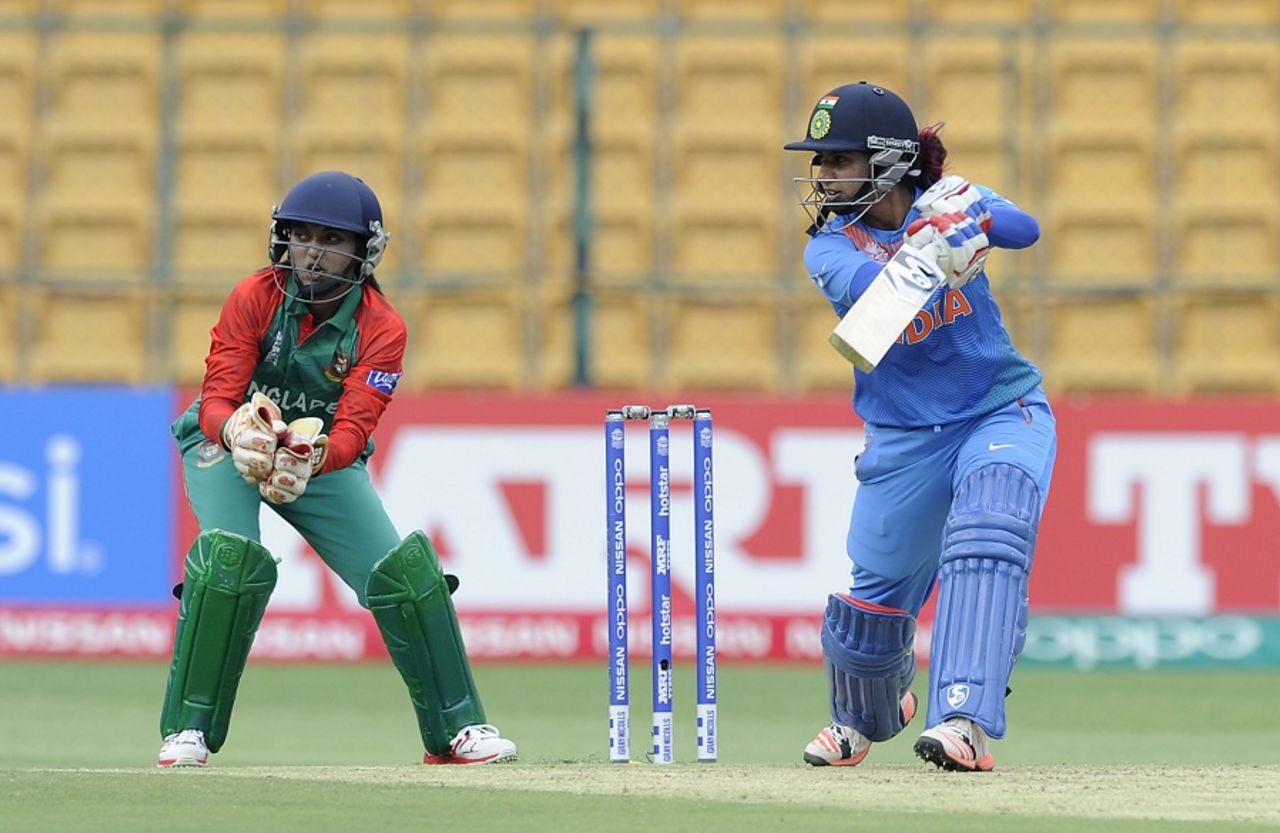 Mithali Raj drives through the off side, India v Bangladesh, Women's World T20, Group B, Bangalore, March 15, 2016