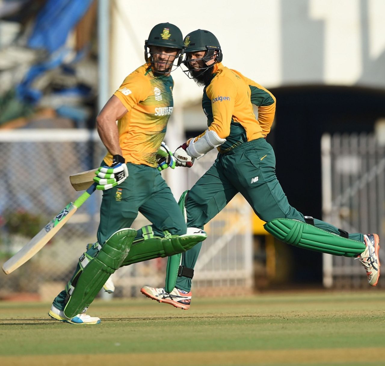 Faf du Plessis and Hashim Amla complete a run, Mumbai Cricket Association XI v South Africa, World T20 warm-ups, Mumbai, March 15, 2016