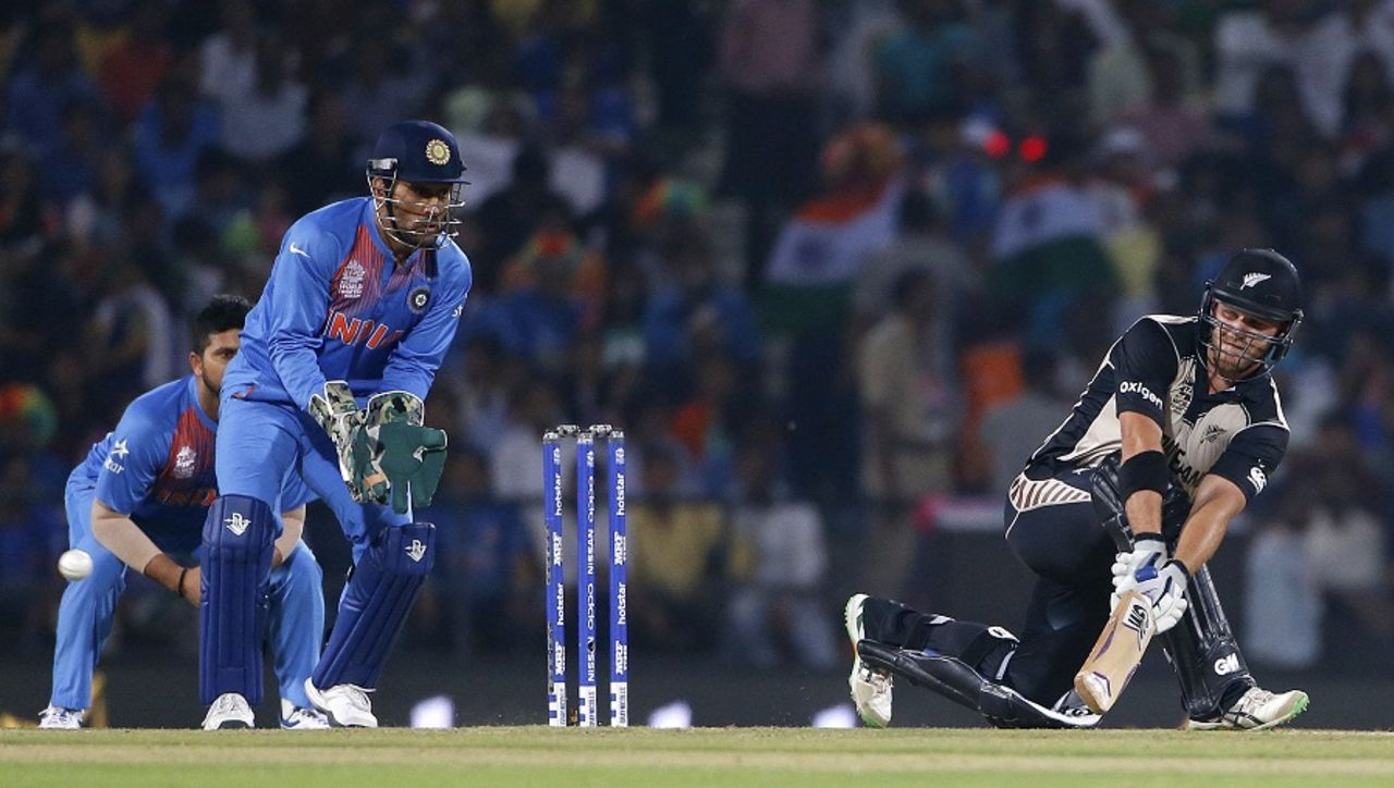 Corey Anderson executes a sweep shot, India v New Zealand, World T20 2016, Group 2, Nagpur, March 15, 2016 