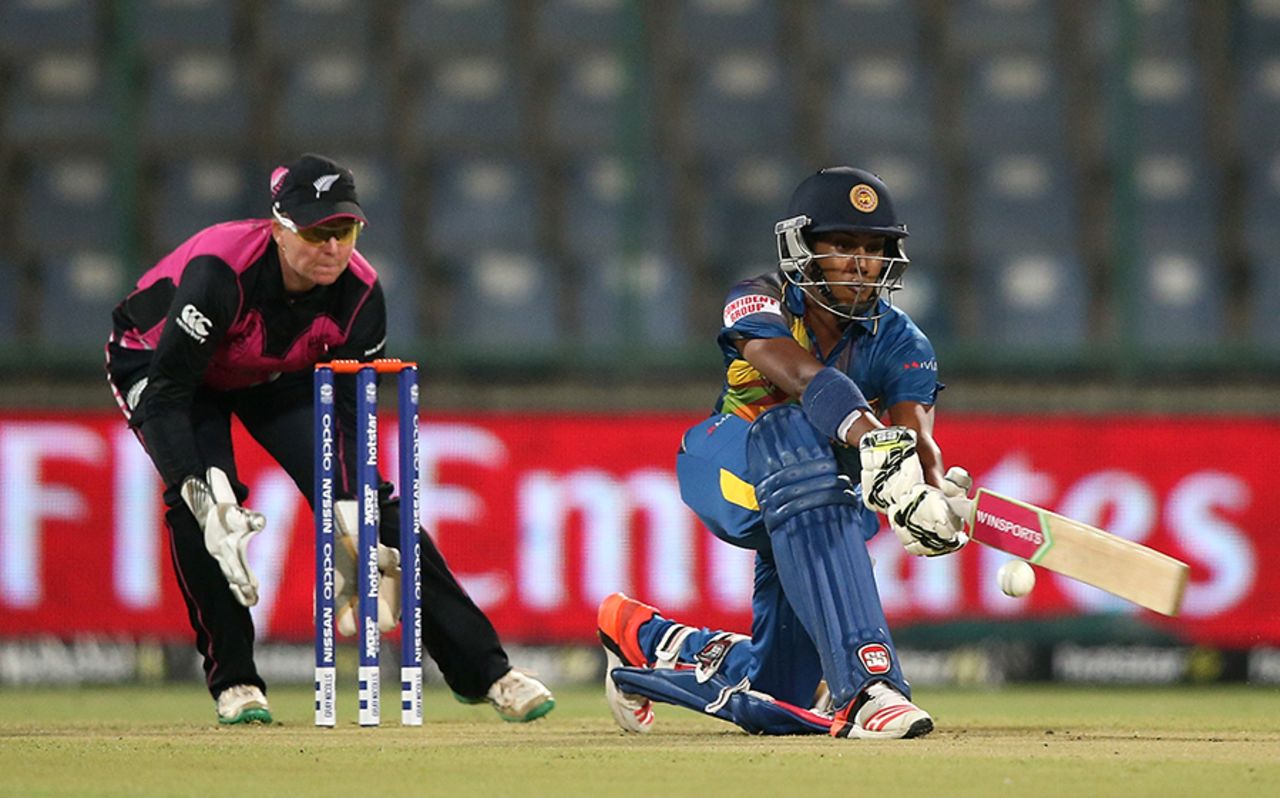 Chamari Atapattu plays a sweep shot during her innings of 17, New Zealand v Sri Lanka, Women's World T20 2016, Group A, Delhi, March 15, 2016