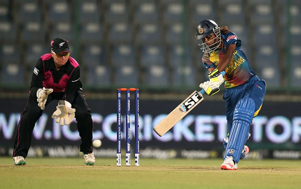Yasoda Mendis drives the ball in her run-a-ball knock of 30, New Zealand v Sri Lanka, Women's World T20 2016, Group A, Delhi, March 15, 2016