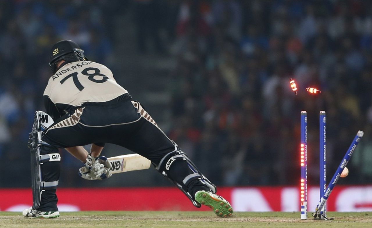 Corey Anderson was bowled for 34, India v New Zealand, World T20 2016, Group 2, Nagpur, March 15, 2016 