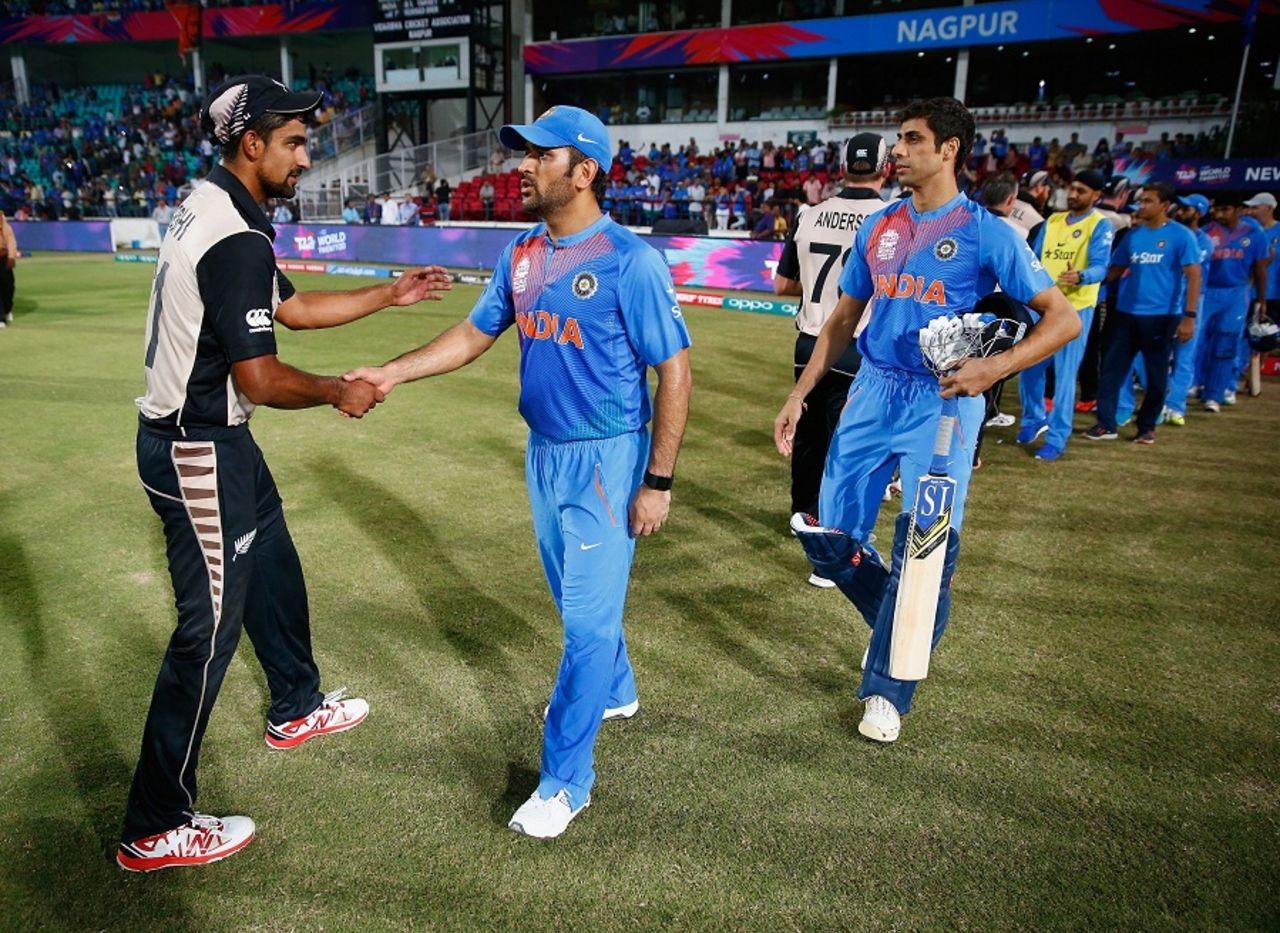 MS Dhoni and Ish Sodhi shake hands after the game, India v New Zealand, World T20 2016, Group 2, Nagpur, March 15, 2016 