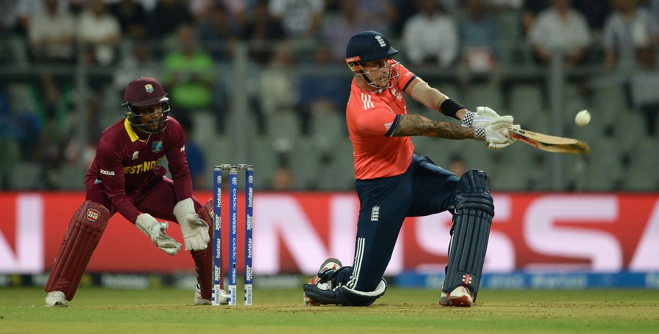 Alex Hales gets down on one knee to hit through the leg side, England v West Indies, World T20 2016, Group 1, Mumbai, March 16, 2016