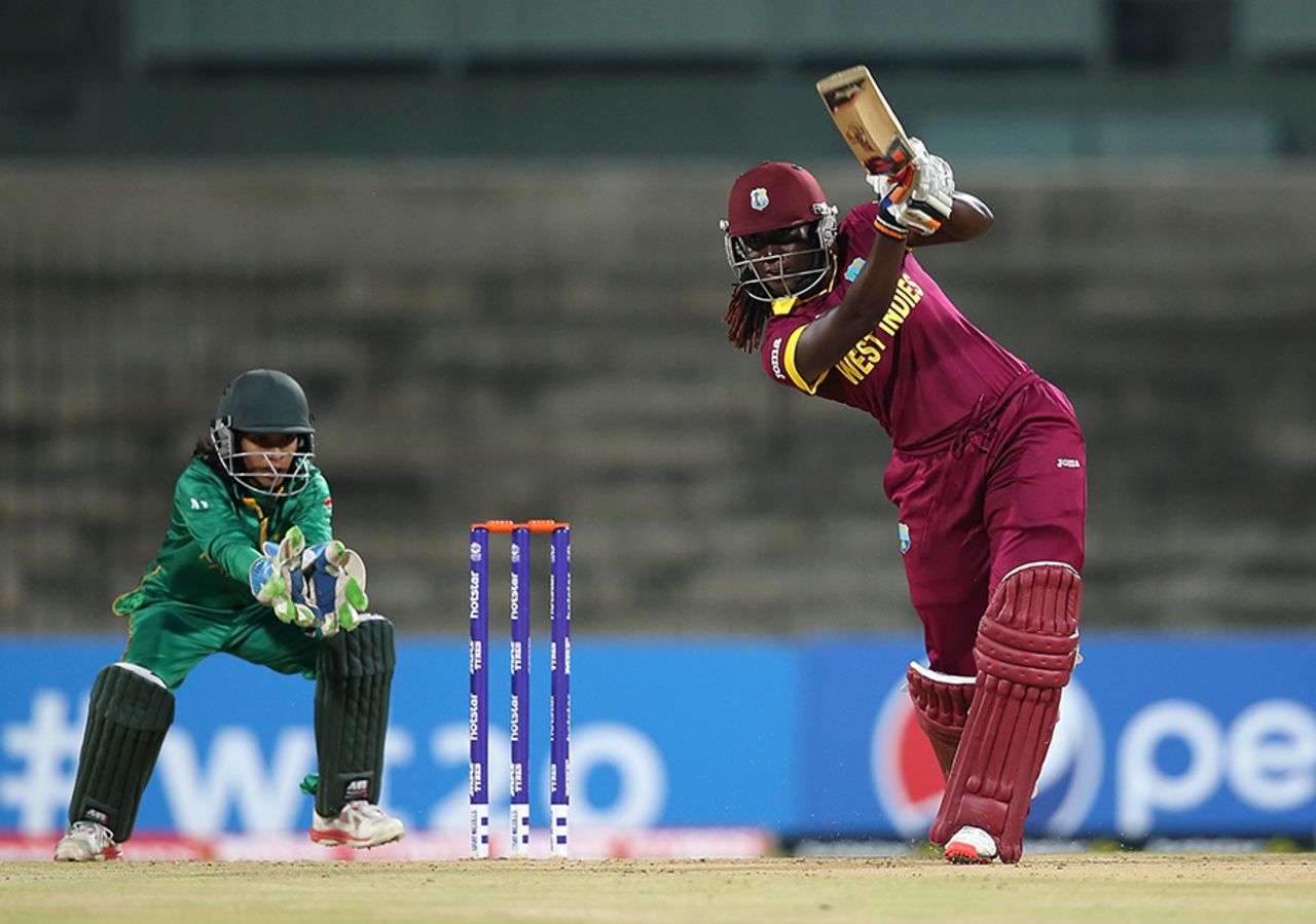 Stafanie Taylor plays a drive through the off side during her knock of 40, Pakistan v West Indies, Women's World T20 2016, Chennai, March 16, 2016