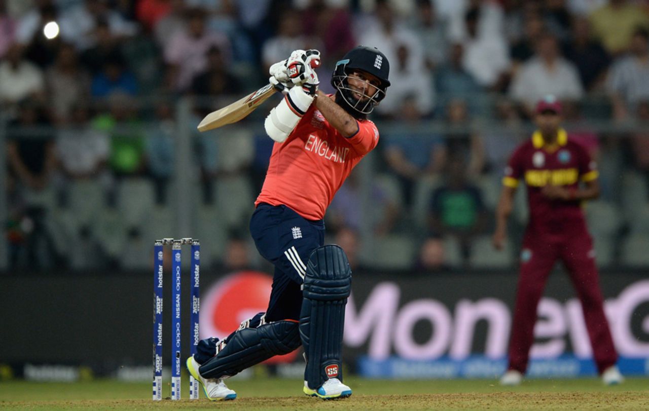Moeen Ali strikes a six over the leg side, England v West Indies, World T20 2016, Group 1, Mumbai, March 16, 2016