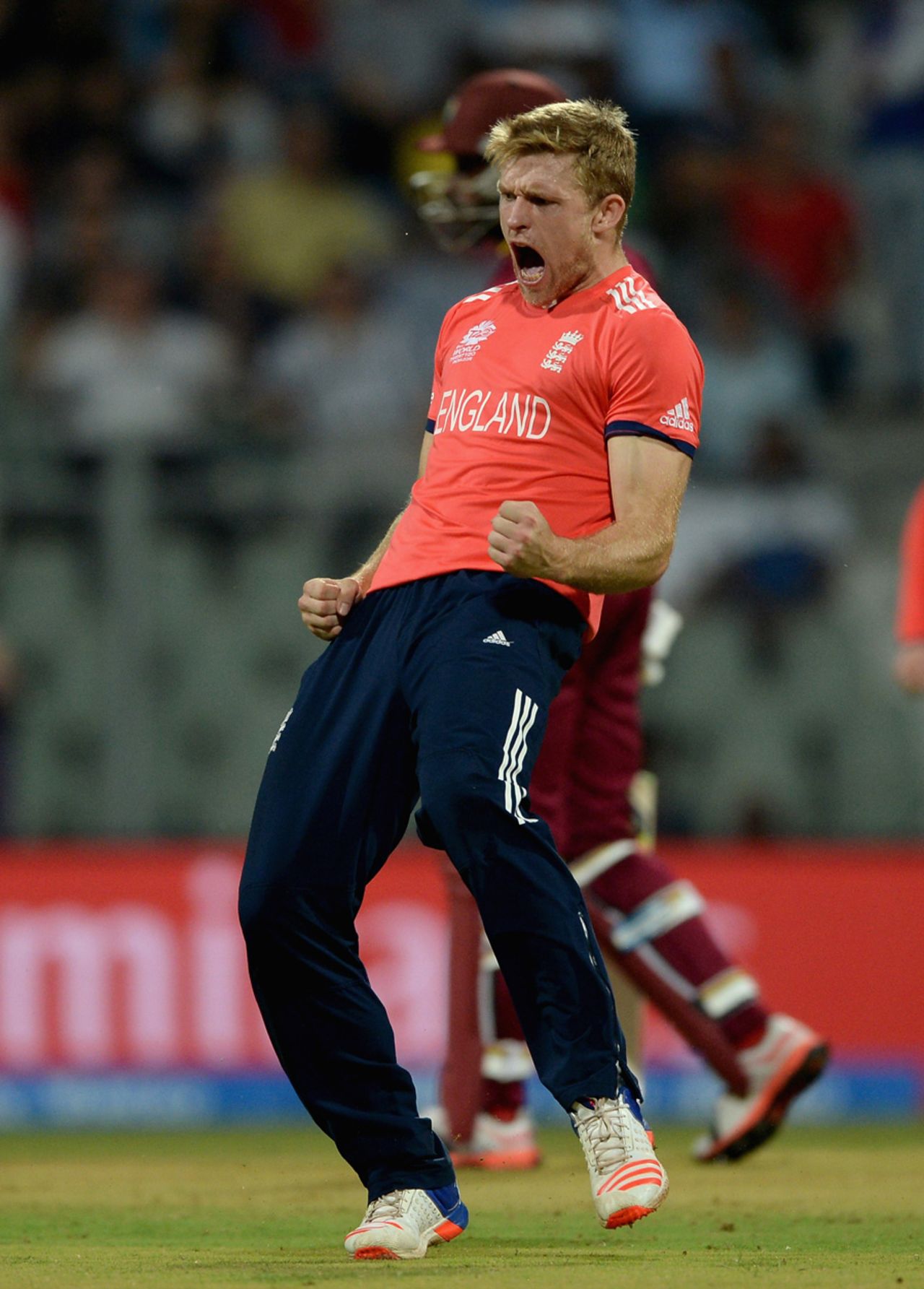 David Willey is pumped after dismissing Johnson Charles off his second ball, England v West Indies, World T20 2016, Group 1, Mumbai, March 16, 2016