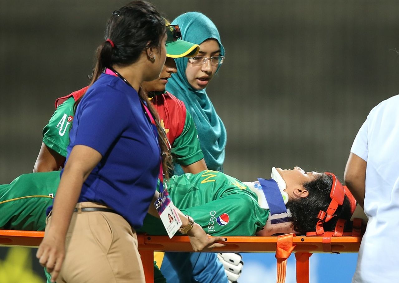 Javeria Khan is stretchered off the field, Pakistan v West Indies, Women's World T20 2016, Chennai, March 16, 2016