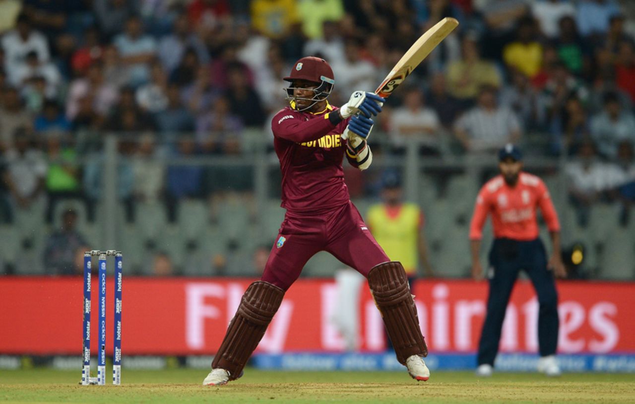 Marlon Samuels plays behind square on the off side, England v West Indies, World T20 2016, Group 1, Mumbai, March 16, 2016