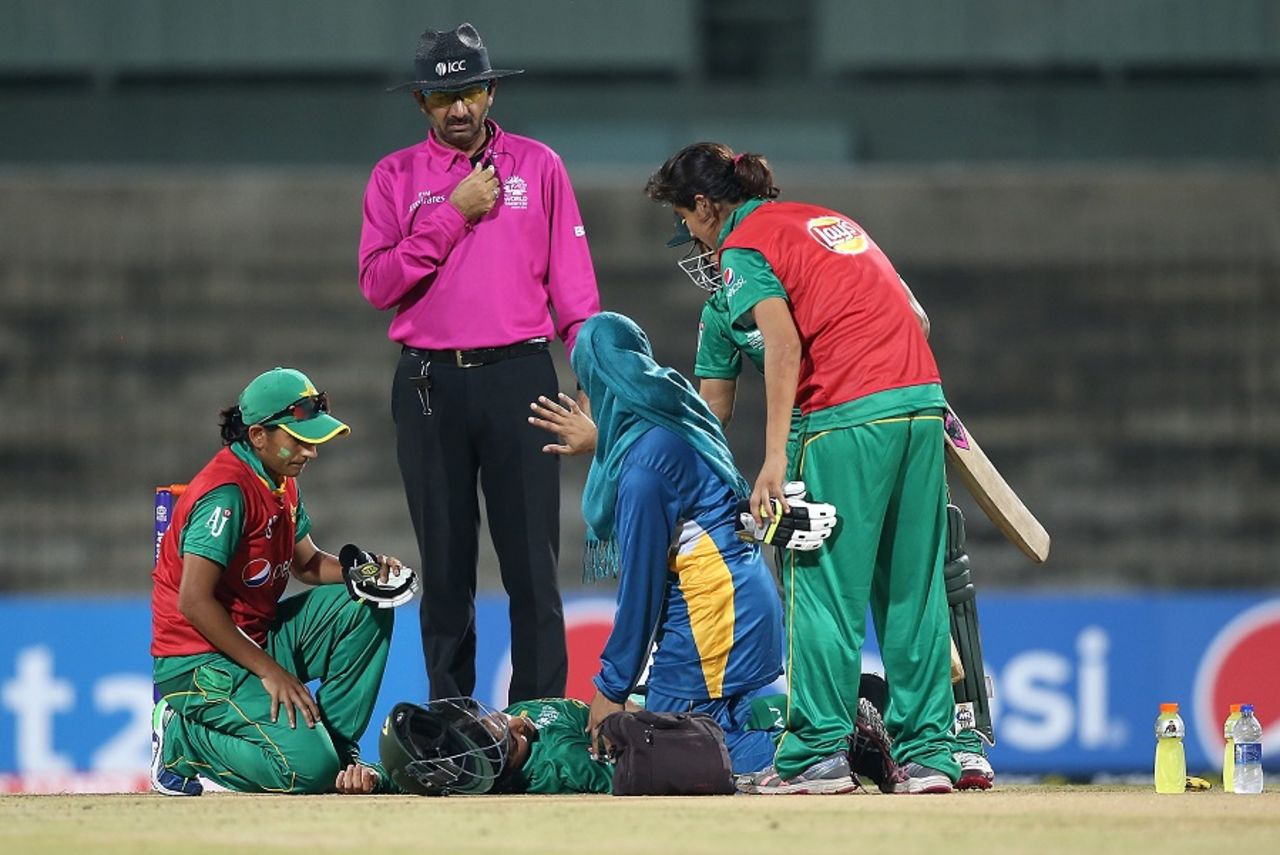 Javeria Khan is attended to after being struck, Pakistan v West Indies, Women's World T20 2016, Chennai, March 16, 2016